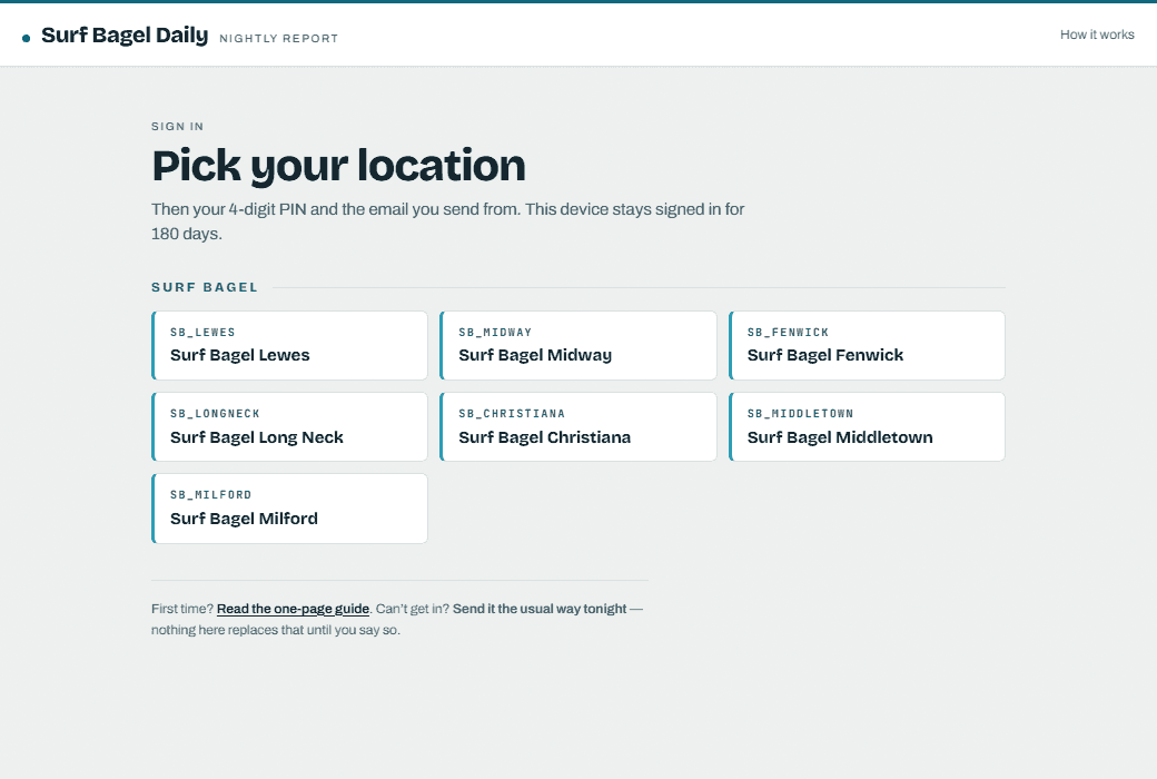 The sign-in screen, with every location grouped by brand.